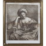 18th century F Bartolozzi antique sepia print of a lady reading a book in classical pose. F.barbieni