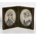 A Georgian double portrait miniatures of oval shape, fitted in a red morocco leather case,