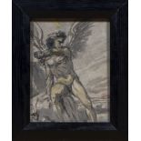 Antique watercolour drawing of a winged man, verso another drawing of a man with a child.