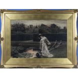 Herbert Dicksee - A large framed coloured print depicting a lady in a garden setting, labels to