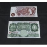 Bank of England 10 shillings brown paper note. Number A36.574425, with a green paper £1 note. O'