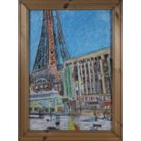 Mark Rodgers listed modern British artist, pastel drawing, depicting Blackpool tower and the