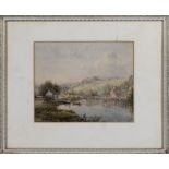 Small watercolour drawing of a river scene depicting a riverside building with a bridge, with