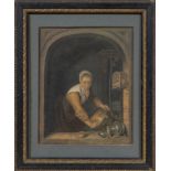 A framed Antique Dutch print signed to corner 'The Washer Girl' size 9" x 8"