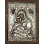 Russian icon of the Mother and Child silver onlaid on painted background hallmarked, size 9"X 7"