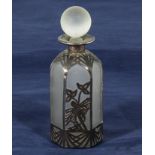 Silver mounted French glass scent bottle with stopper. 4" high.