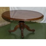 A Victorian mahogany oval tilt top dining table on a centre pedestal with four cabriole legs, 5 feet