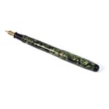Parker Art Deco Bakelite ink writing pen, with a 14k gold nib with an iridescent green casing. 5" in