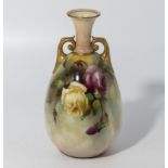 Hand painted Royal Worcester vase, decorated to the body with flowering roses, with gilt handles.