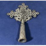 Ethiopian antique silvered metal crucifix banner pole emblem, with stylized birds height 9" wide 6"