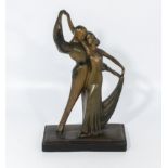 Art Deco period plaster figure of two dancers, circa 1920s, bronzed finish. 14" high 8" wide.