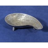 Danish silvered metal shaped dish on 3 small feet, stamped on base Made in Demark. With a leaf