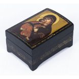 Russian fine quality lacquered lidded painted box depicting Mary and Jesus, signed by the artist