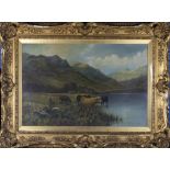 Douglas Cameron - Scottish listed artist, a fine oil painting depicting Highland cattle at a lochs