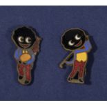 Two vintage enamel Robertsons jam badges, a golf player and bagpipe player made by R.E.M Gomm