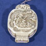 Chinese antique moon shaped ivory seal case with two compartments, and two seals enclosed, carved to