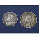 Silver half crown 1887 and a florin 1901, both coins in fine condition