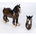A Beswick Shire mare no. 818 with yellow ribbons together with Mackay pottery horses head