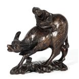 Chinese antique finely carved wood figure of a small boy riding a water-buffalo with horn eyes,