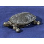 Antique brass lidded box in the form of a turtle with lift up lid size 4" in length 3" wide