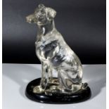 Lucite model of a seated dog, on an oval black base. size 8" high x 5" wide