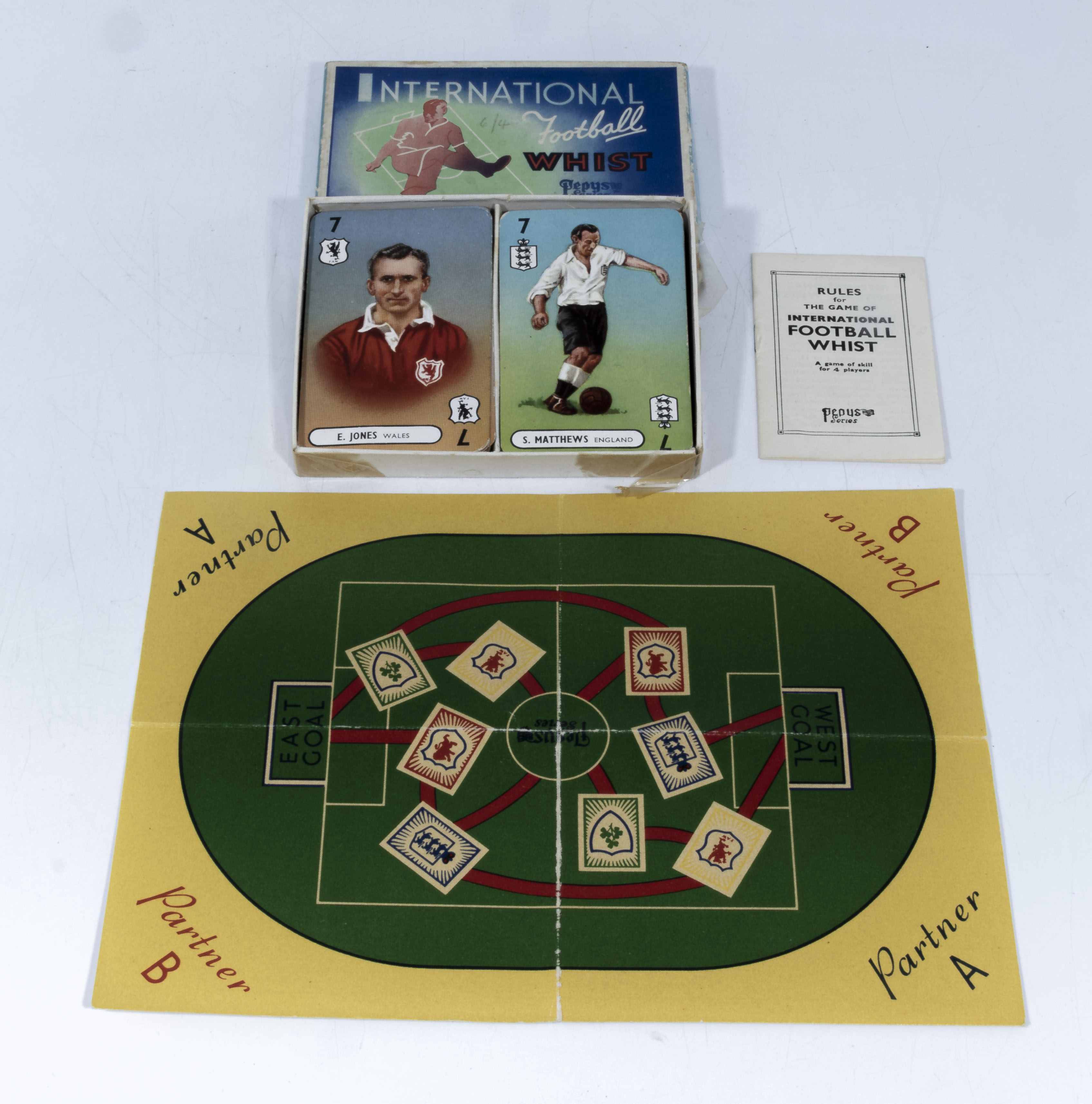 International football whist game. Pepys series complete set of 44 cards with paper game sheet, ball