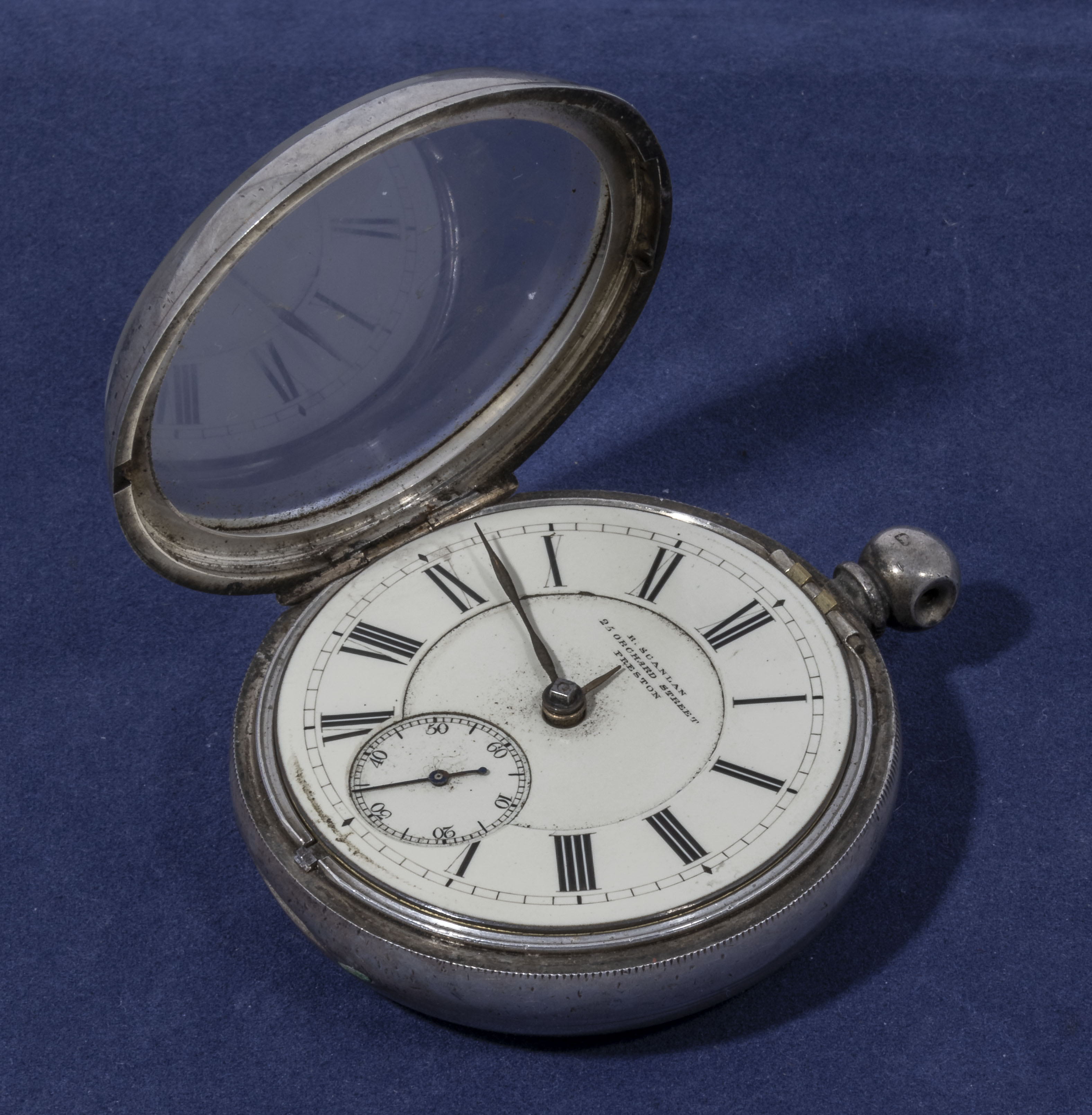 Victorian silver verge pocket watch by R. Scanlan Orchard Street Preston watch no.7222 silver case
