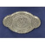 Victorian silver plated shaped ladies trinket dressing table tray, embossed with cherubs heads