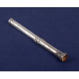 Victorian silver extending ink pen with engraved decoration to the body and gem stone to the top