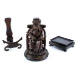 Chinese late Qing period carved wood figure of an Emperor 10" tall and three wooden stands