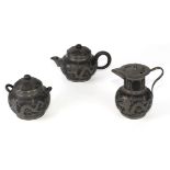 Chinese pewter dragon mounted black pottery three piece teased circa 1920/30s stamped Wen Hua Shun