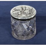 Silver topped glass trinket jar Birmingham 1904 makers mark B.P.C.G size.3"dia. 3.5" high
