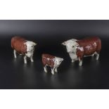 Beswick Hereford Bull no 1363B, Hereford Cow no. 1360 and Calf no.1827C.