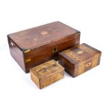A brass bound mahogany box, inlaid box and a puzzle box