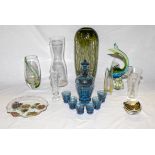 A gilt decanter and six glasses together with art glass items