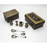 A cash box, small pieces of pewter and other items