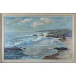 A large framed oil on board depicting a seascape, total size 51cm x 77cm