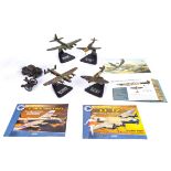 Four diecast model aeroplanes with paperwork and a tank