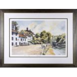A large framed print of a river bank scene, total size 55cm x 73cm