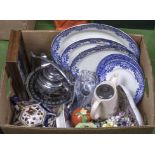 A box of pottery and metalware