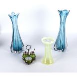 Two blue tulip glass vases, a lemon hyacinth vase and a green glass cruet