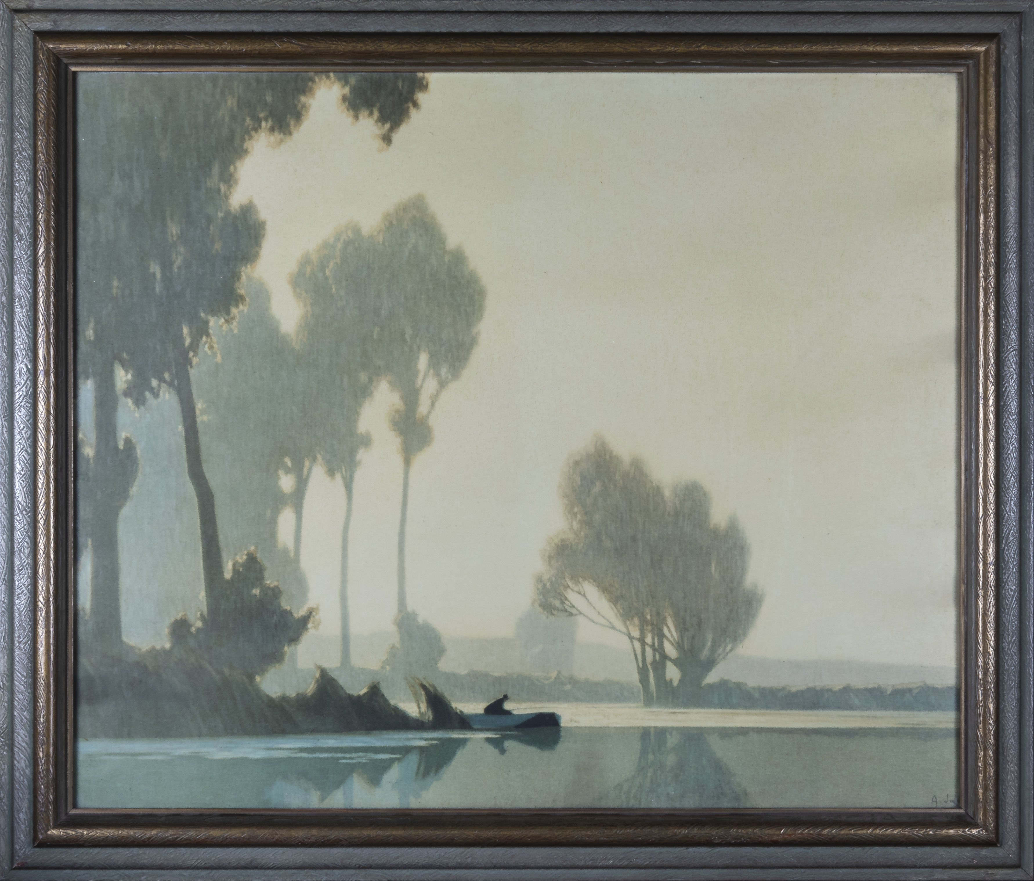 A large framed print depicting a lake scene, total size 69cm x 79cm
