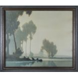A large framed print depicting a lake scene, total size 69cm x 79cm