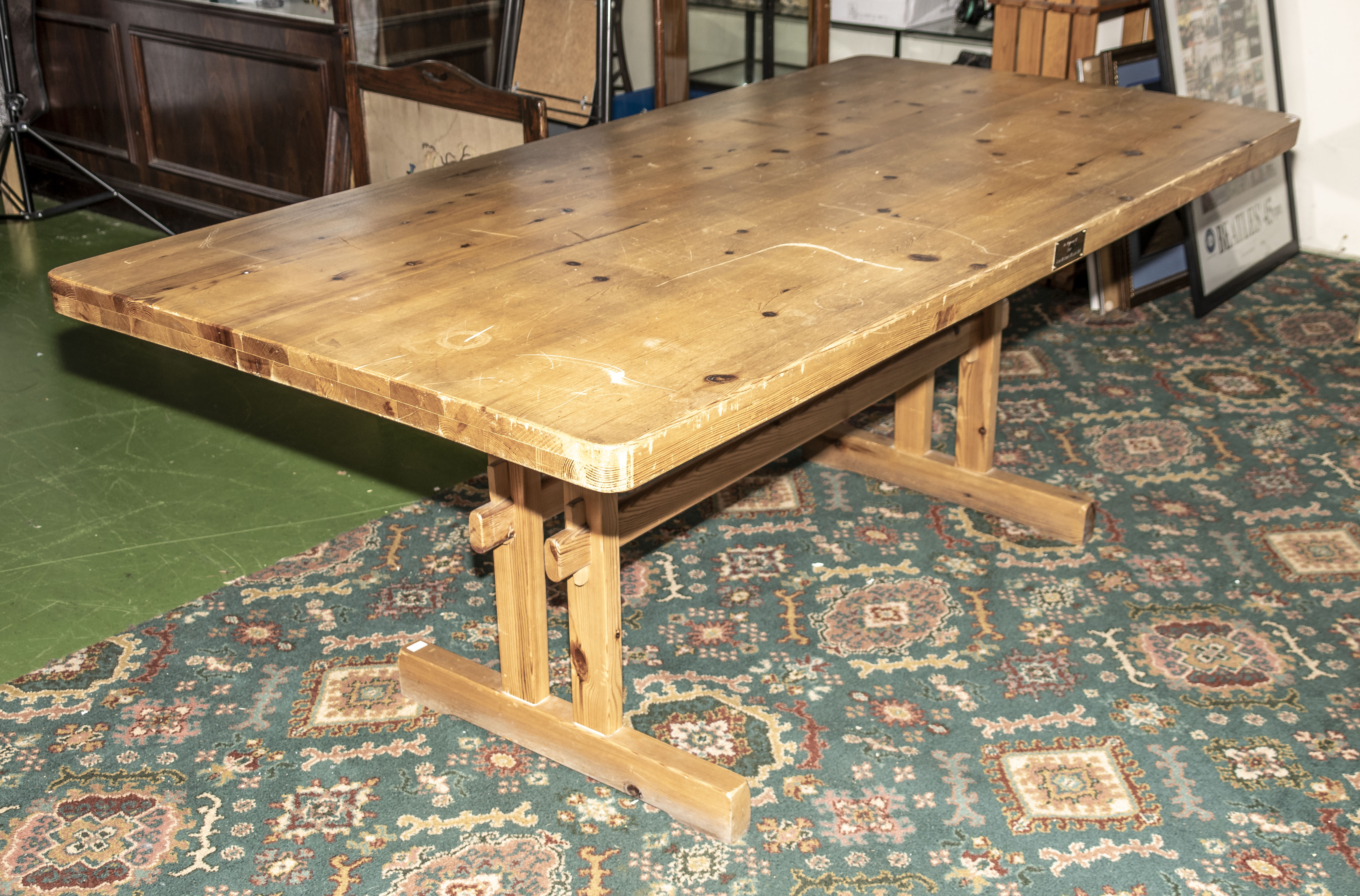 A pine kitchen table, 6' x 3'