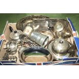 A box of assorted silver plated items