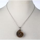 Silver mounted split ammonite on sterling silver chain