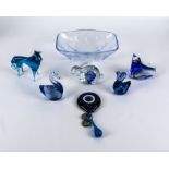 Blue glass animals and a bowl