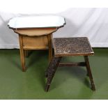 A sewing table, mirror and a carved wooden stool/table