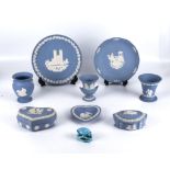 A collection of blue Wedgwood pottery