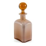 A square shaped opaque pink glass decanter with amber coloured glass stopper, 24cm tall